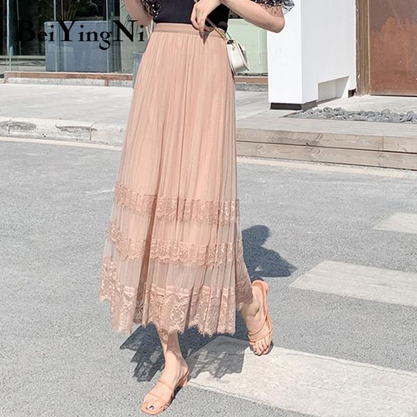 

dresses beiyingni 2020 summer lace patchwork casual high waist midi tulle skirt woman vintage charming long tutu skirt ladies white pink, White;black