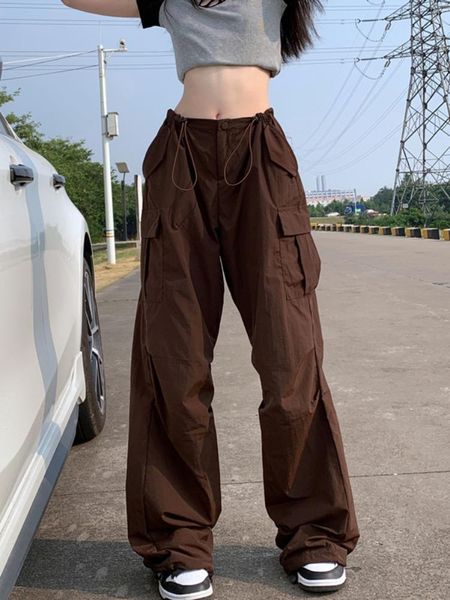

capris houzhou y2k streetwear brown cargo parachute pants women vintage retro hippie oversize wide leg trousers female 90s aesthetic, Black;white