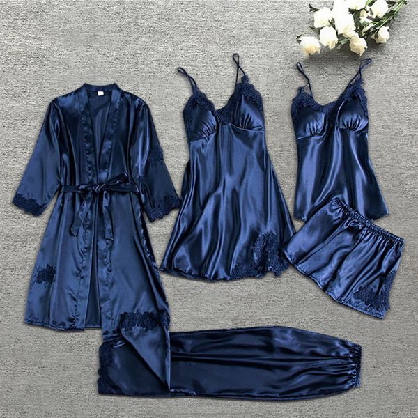

women's sleepwear nightwear five-piece pajamas sleep robe sets silk pajamas sleep suit womens lace satin pajamas pajama suit 230425, Black;red