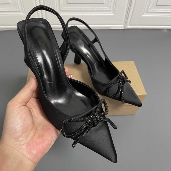 

sandals crystal women's mules for party black new pointed bow back strap high-heeled stiletto with rhinestone shoes ladies 230423