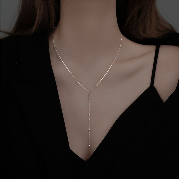 

strands strings 925 sterling silver round bead tassel necklace female summer simple clavicle chain long geometric chain woman custom jewelry, Black