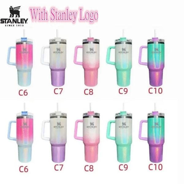 

stanley 40oz glitter tumblers cups with logo handle lids and straws gradient color insulated car mugs stainless steel sublimation tumbler sp