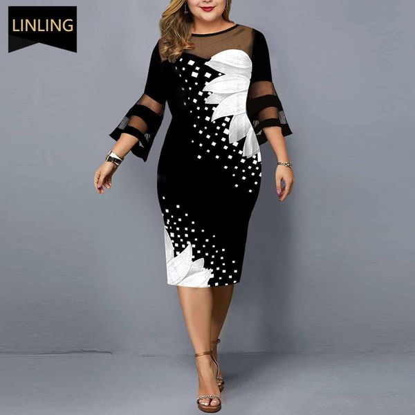 

dresses dress women evening party 2021 midi elegant mesh lace print floral casual black vintage knitted clothing 4xl 5xl 6xl plus size