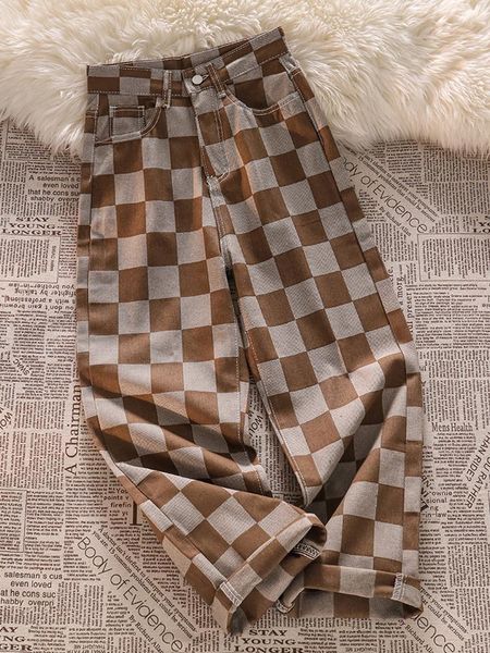 

jeans syiwidii brown patchwork jeans checkerboard denim pants 2022 new fashion spring autumn vintage streetwear y2k plaid trousers, Blue