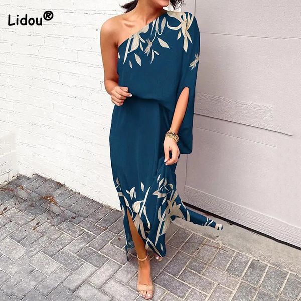 

dresses club off shoulder diagonal collar printing half sleeve fashion batwing sleeve gradient color long dresses summer for women, Black;gray