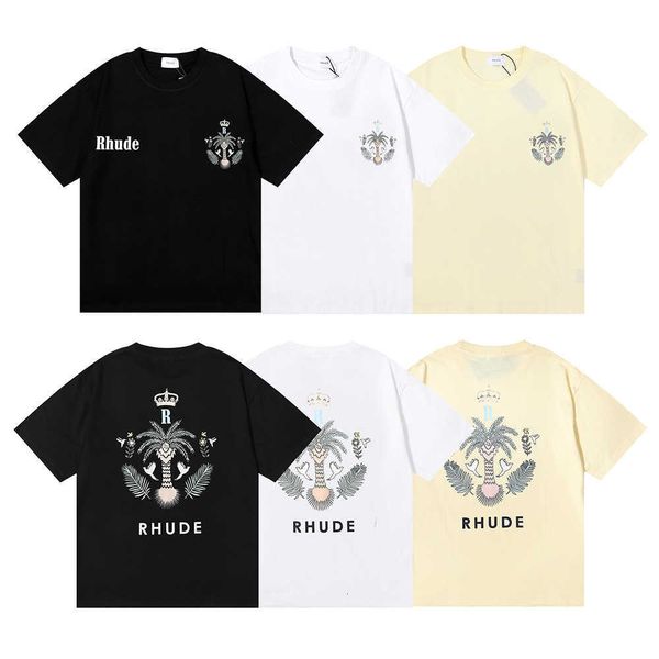 

fashion brand 2023 rhude micro label island coconut tree printing short sleeve t-shirt for men and women high street loose half, White;black