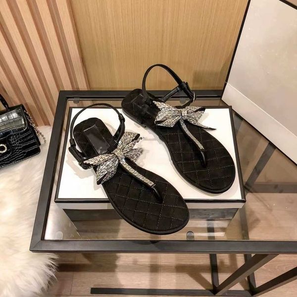 

slides slipper flats designer channel sandal summer new rhinestone bow flat bottom clamping sandals fairy style casual roman sandals girl, Black
