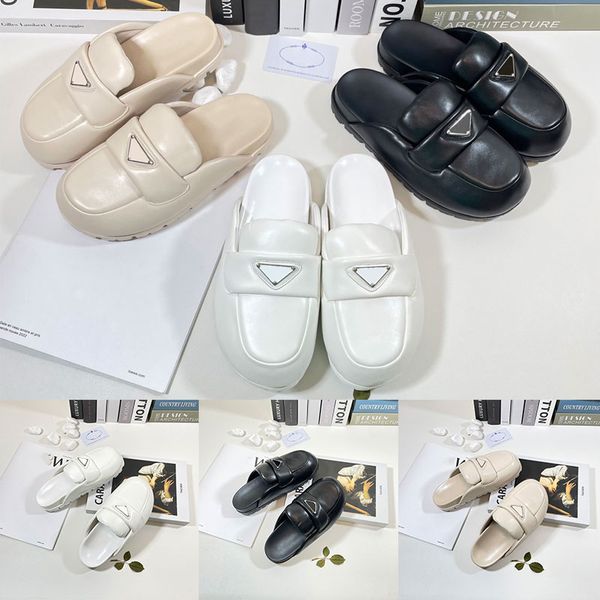 

2023 women mules prad soft lining leather sandals slippers mule slides womens lady scuffs indoors outdoor fashions, Black