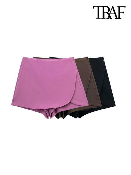 

women's shorts traf women fashion pareo style self overlay skirts vintage high waist side zipper female skort mujer 230426, White;black