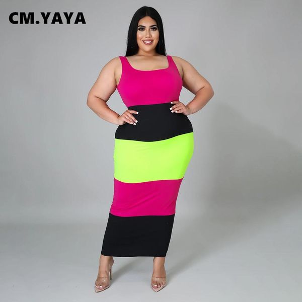 

dresses cm.yaya women plus size dress patchwork sleeveless uneck stretchy bodycon long maxi dresses fashion casual outfit summer 2021, Black