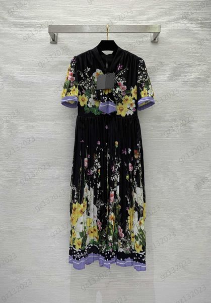 

fashion dresses cute bunny flower print streamer bow decorative neckline long sleeve dress luxury brand hemline pleating design slimming max, Black;gray