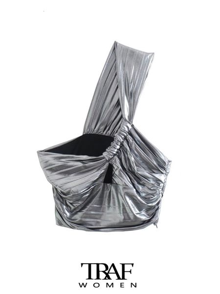 

women's tanks camis traf women fashion front hollow out shinny crop tank vintage one-shoulder side zipper female camis mujer 230426, White