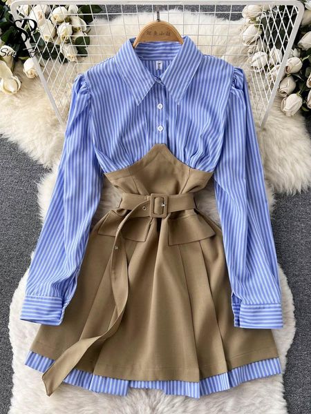 

dresses singreiny spliced fashion shirt short dress french long sleeve vinage sashes sheath dress 2022 women streetwear autumn dress, Black;gray