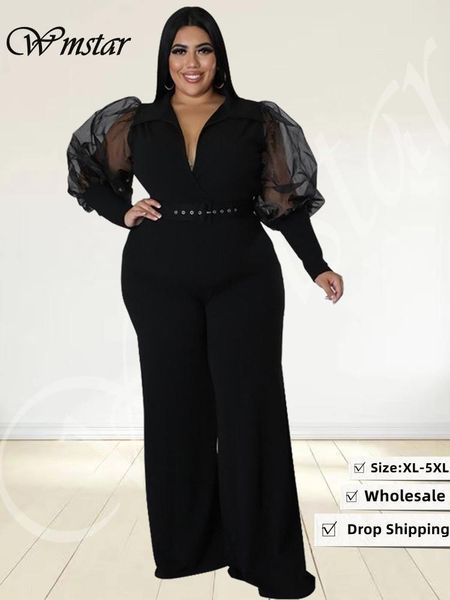 

pants wmstar jumpsuit plus size women clothes v neck with belt single mesh sleeve elegant bodysuit office lady wholesale dropshipping, Black