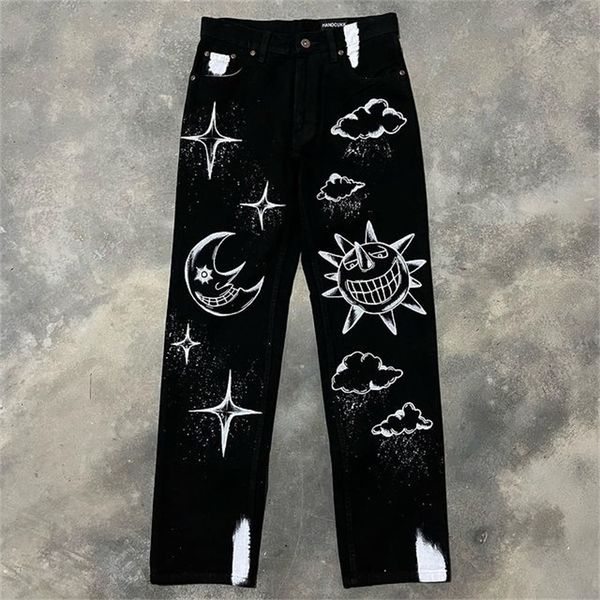 

men's jeans harajuku style street american star print black loose hiphop wideleg sports pants casual trend straight long 230426, Blue