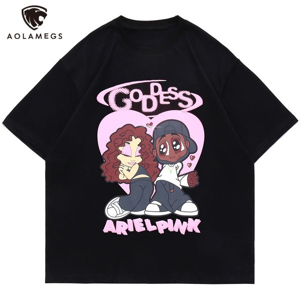

men's t-shirts aolamegs hip hop t-shirt men cartoon couple print streetwear o-neck fashion college style cotton cozy oversized tees su, White;black
