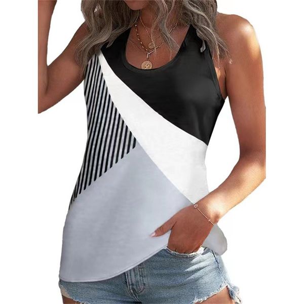 

women's t-shirt summer geometric print color blocking t-shirt fashion women's sleeveless u neck cotton tees female daily casual lo, White