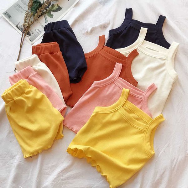 

clothing sets 2pcs/set kids clothes girl boy sleeveless +pants summer outfits solid color girls clothing sets boys vest children pajamas w04, White