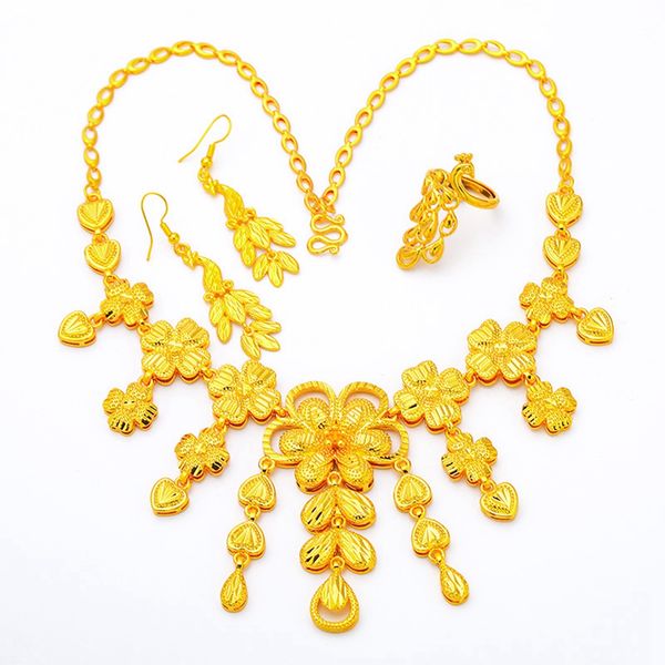 

women pendant necklace earrings ring set real beautiful 18k yellow gold filled phoenix luxury lady gift wedding bridal jewelry set, Slivery;golden