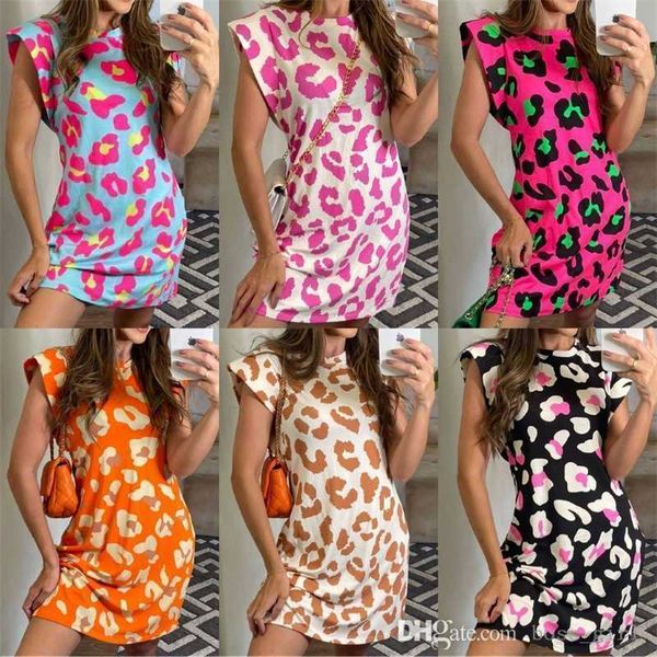 

casual dresses womens short sleeve crew neck leopard print multi color mini dress short skirt, Black;gray