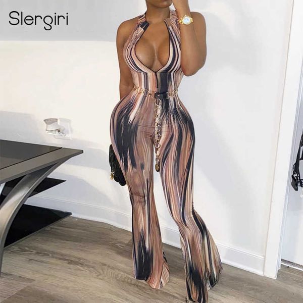 

women's jumpsuits rompers zip front sleeveless halter jumpsuit women summer bodycon high waist print streetwear club party boot cut jum, Black;white