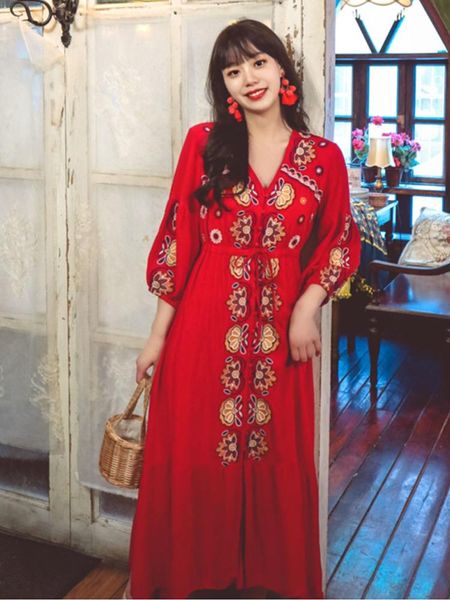 

dresses summer new ins fashion dress bohemian beach style retro embroidered cardiganstyle buttondown lantern sleeve long dress, Black;gray