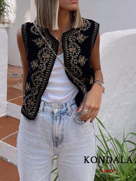 

leather kondala vintage velvet embroidery vest jackets women v neck sleeveless loose black waistcoats female fashion 2022 mujer