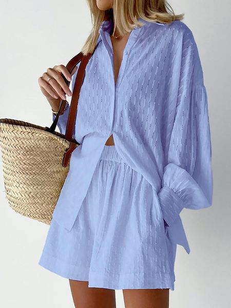 

dress spring autumn long sleeve lapel single breasted shirts + pocket shorts ladies suits fashion solid loose women 2 piece sets, White