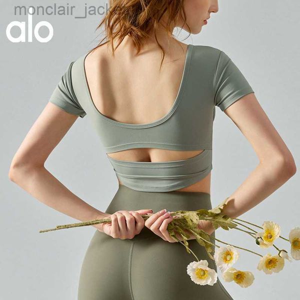 

desginer alos yoga t shirt new fake two piece short sleeve women's u-shaped open back t-shirt sports hollow out with chest cushion fitn, White