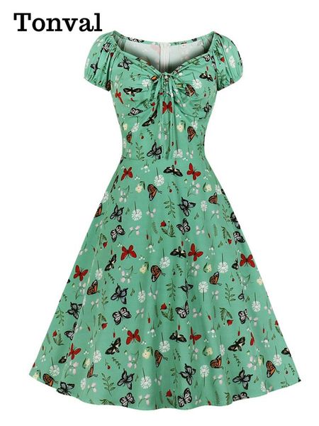 

dresses tonval butterfly and floral print short sleeve summer dress women drawstring sweetheart neck aline 50s vintage clothes, Black;gray