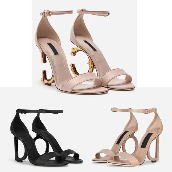 

modern women's sandals letter heel design italian calf leather production open toe high heels elegant women's summer show unique c, Black
