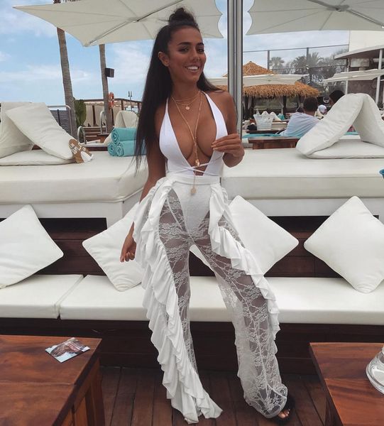 

capris bkld women beach spodnie z wysokim stanem nowe 2021 ruffles koronkowe przezroczyste spodnie szerokie nogawki damskie seksowne, Black;white