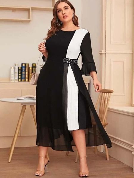 

dresses elegant dresses for chubby women autumn and winter asymmetrical chiffon contrast waist plus size dress women's clothing, Black