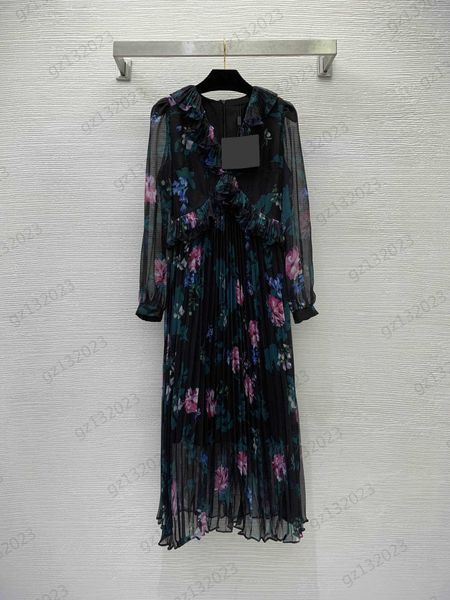 

fashion dresses colorful print splicing wooden ear edge decoration v-neck designer dress large hemline pleated design temperament maxiskit w, Black;gray