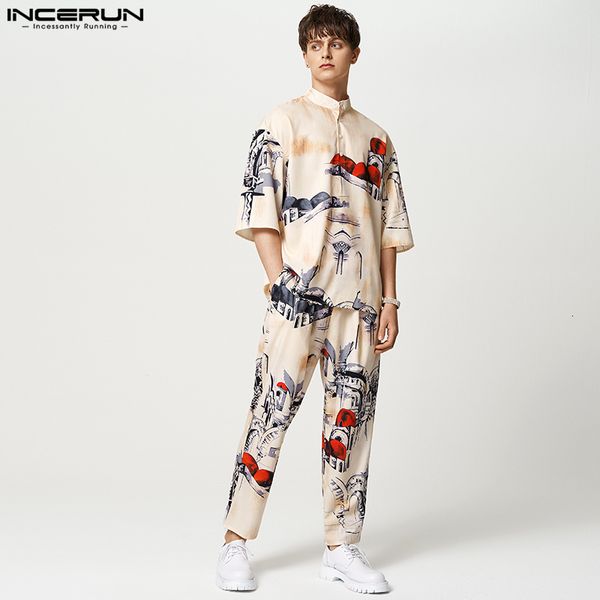 

men's tracksuits men sets printing streetwear loose stand collar half sleeve shirt elastic waist pants 2pcs men casual suits s-5xl ince, Gray