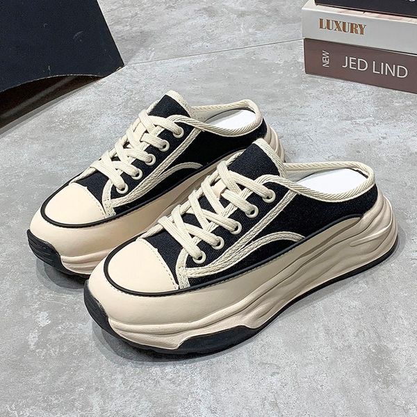 

slippers spring autumn women's fashion baotou half wear style muffin lace-up casual canvas of women 230426, Black