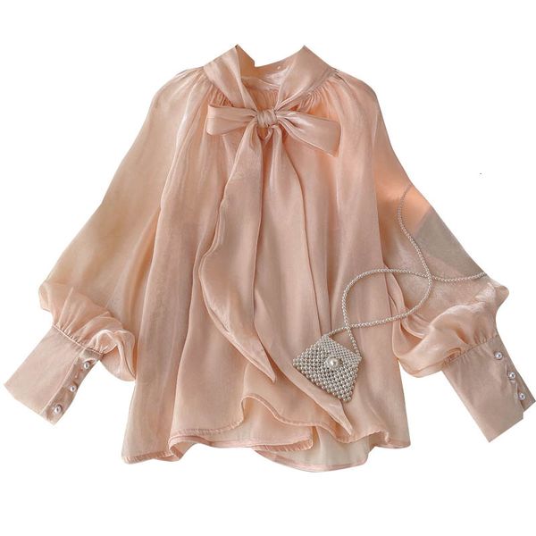 

women's blouses shirts autumn style shirt female bow tie collar retro bubble long-sleeved elegant blouse women 230426, White