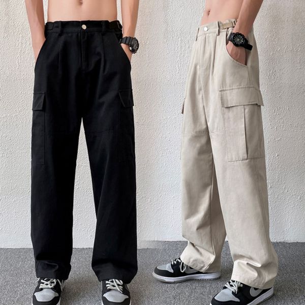 

men's pants cotton cargo pants men fashion retro pocket casual pants mens japanese streetwear loose hip hop straight pants mens trouser, Black