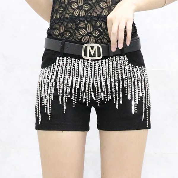 

women's shorts black sequins tassels denim short's streetwear 2023 summer korean slim chain trend pants white casual short jeans 2, White;black