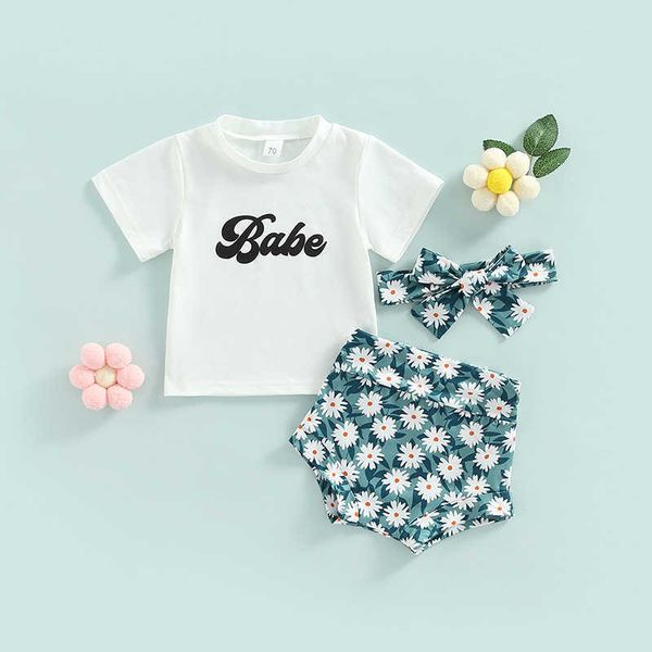

clothing sets 3pcs toddler baby girls outfits sets summer fashion short sleeve kids letter t-shirts + floral shorts + headwear aa230426, White