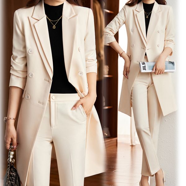 

women's suits blazers khaki autumn winter formal ladies lengthen blazer women business suits work wear office uniform pants jacket sets, White;black