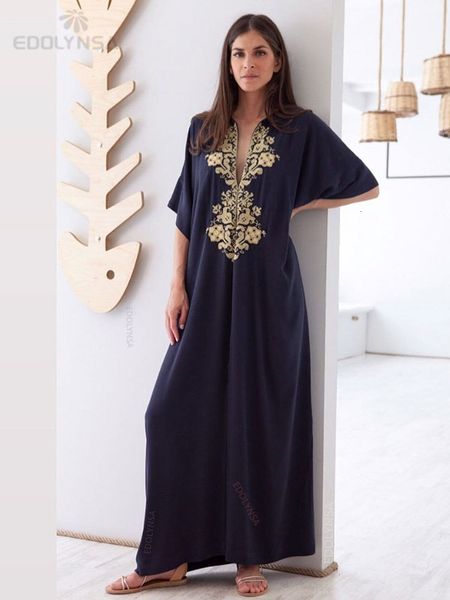 

women's swimwear elegant embroidered short sleeve street wear maxi dress long kaftan blue tunic women beach wear swim suit cover up q13, White;black