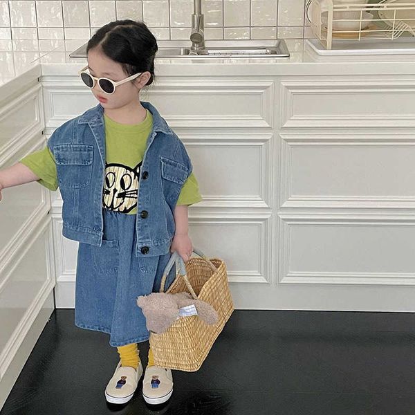 

clothing sets 5009e children clothing set girl's denim suit 2023 spring summer simple fashion girl's suit denim vest + skirt two p, White