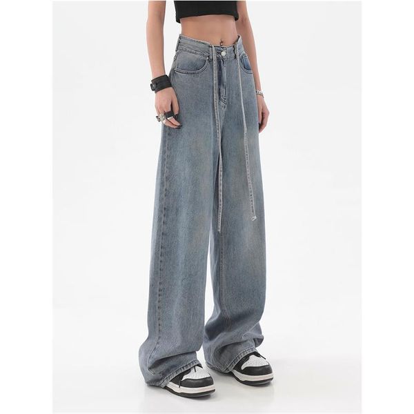 

jeans niebieskie damskie jeansy wysokiej talii vintage proste workowate spodnie szykowny design streetwear casual fashion letnie spodnie, Blue