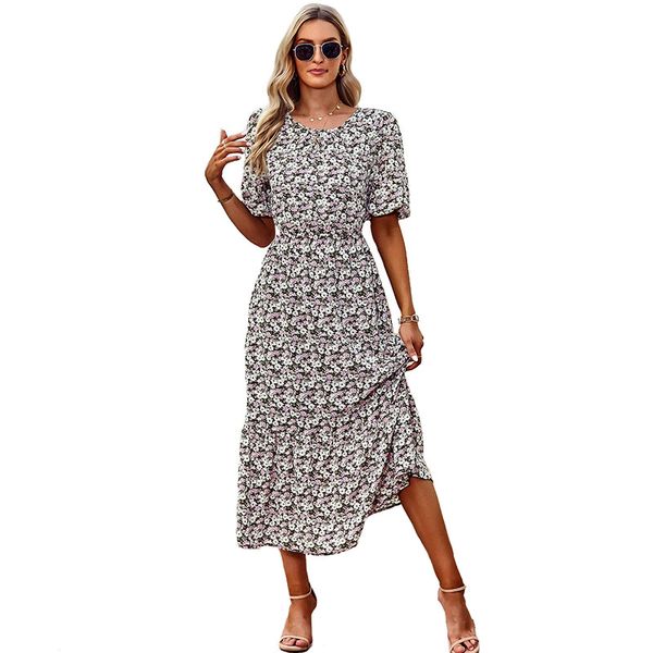 

crew neck 1/2 puff sleeves a-line midi casual dress mid-calf length pullover slim high waist hollow out back floral printed panelled ruffles, Black;gray