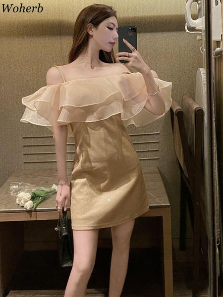 

dresses woherb ruffle patchwork off shoulder mini dress women spaghetti strap elegant party dresses 2022 summer club night vestido, Black;gray
