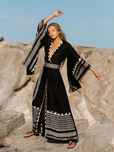 

dresses 2022 bohemian casual long kimono cardigan tunic spring/autumn women front open sashes holiday beach dress vestidos a1197, Black;gray