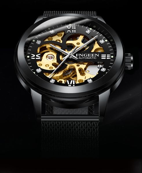 

wristwatches luxury brand men's watches automatic mechanical watch male luminous wristwatch stainless steel mesh band sports gold watch, Slivery;brown