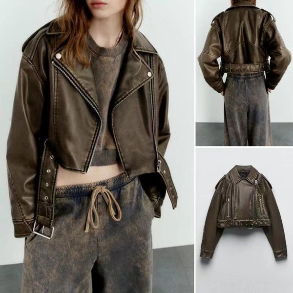 

women's jackets spring pu leather women jacket vintage loose faux leather jacket with belt streetwear zipper retro biker coat outwear, Black;brown
