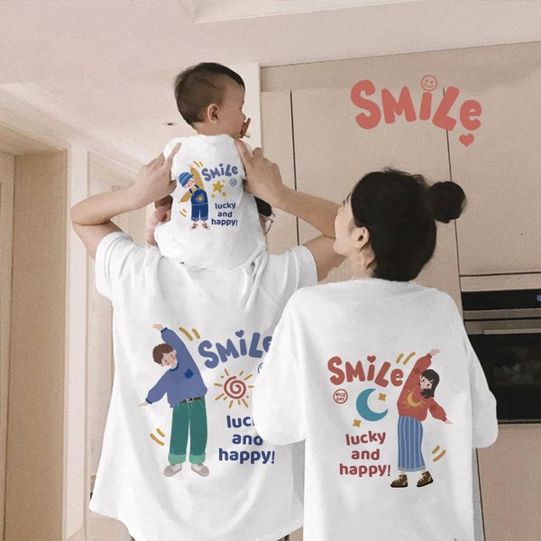 

family matching outfits cartoon cute pure cotton short sleeve tshirts father mother kids summer parentchild clothes 230427, Blue